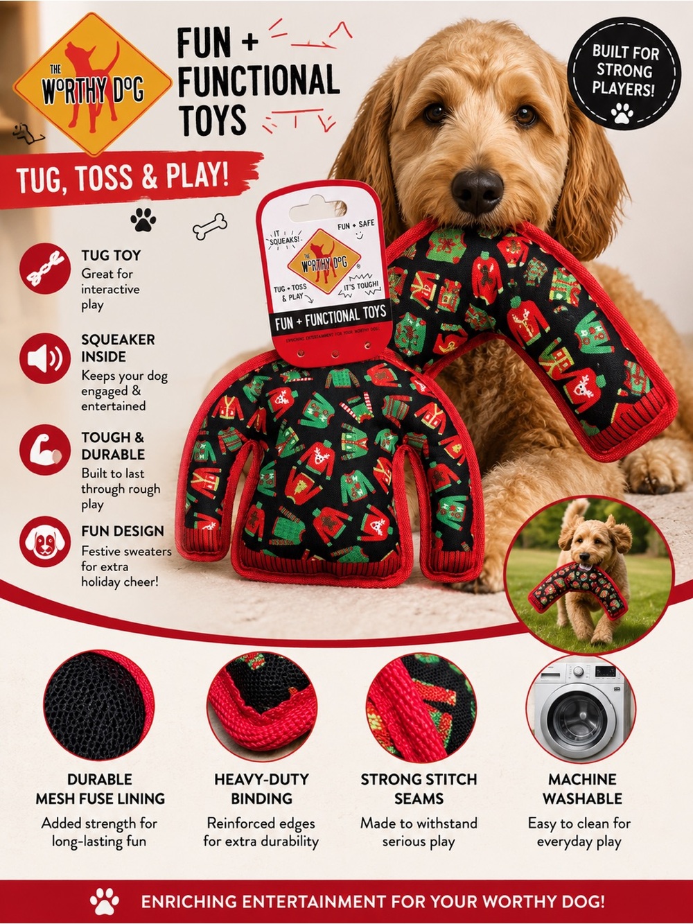 Festive Red & Green Tug Toy - Squeaky Holiday Plush for Dogs